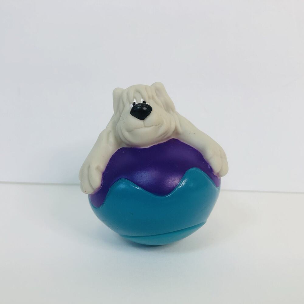 Vtg 1996 Hardee's Dakin FCN White Dog on Purple Teal Ball Wobble Toy Figurine